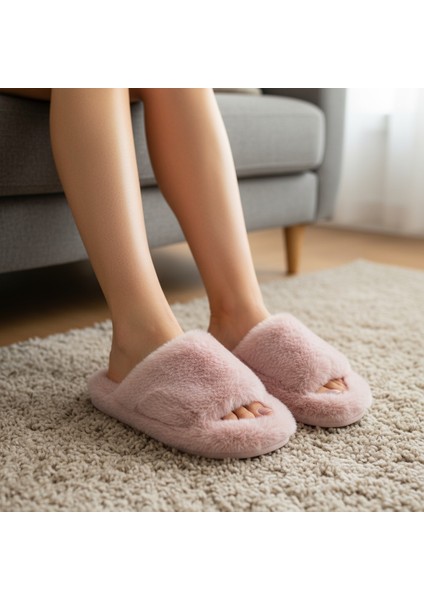 Peluş Detaylı Burnu Açık Kadın Ev Terlik