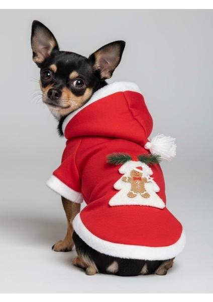 Yılbaşı Ağacı Kırmızı Polar Köpek Kıyafeti | Kapüşonlu Noel Köpek Sweatshirt | Küçük Irklar Için