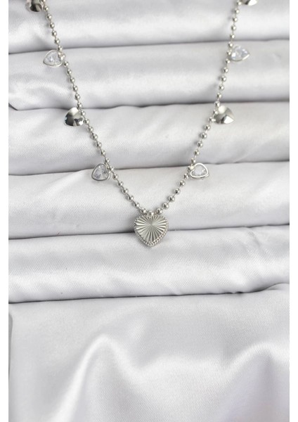 Bfs Pirinç Gümüş Renk Kalp Model Kadın Kolye