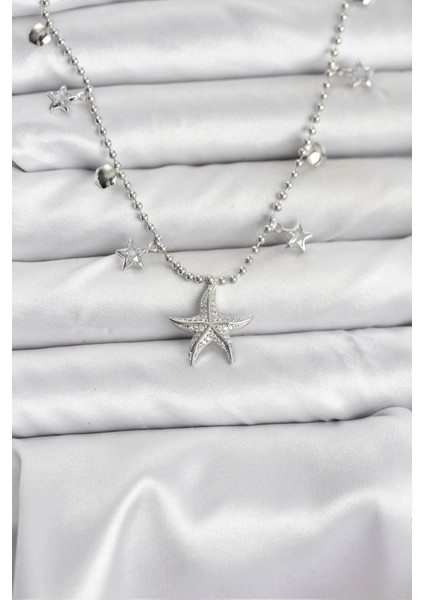 Bfs Pirinç Gümüş Renk Zirkon Taşlı Deniz Yıldızı Model Kadın Kolye