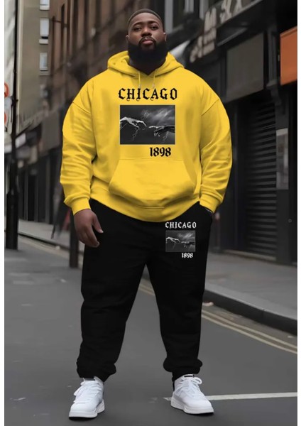 Büyük Beden Özel Tasarım Kapüşonlu Chıcago Baskılı %100 Pamuk Kışlık Trend Erkek Eşofman Takımı