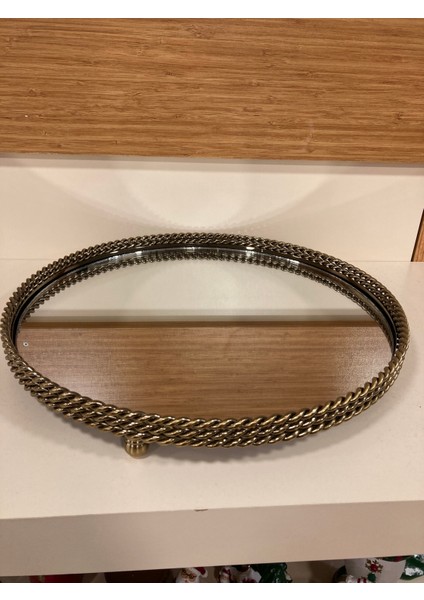 Tepsi Dekoratif Döküm Pirinç Antik Eskitme Yuvarlak Ayaklı Aynalı Burgu Model Çapı 38 cm