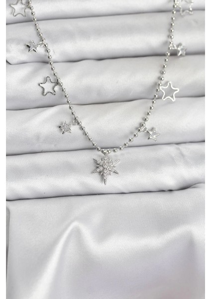 Bfs Pirinç Gümüş Renk Zirkon Taşlı Kutup Yıldızı Model Kadın Kolye