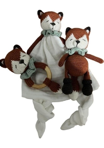 Müslin Kumaşlı Çizmeli Tilki Yeni Doğan Takımı Amigurumi Organik Oyuncak
