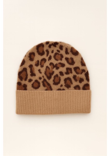 Kadın Yumuşacık Leopar Desenli Akrilik Kumaş Saçaklı Tüylü Bere – Sıcak Tutucu Kışlık Şapka
