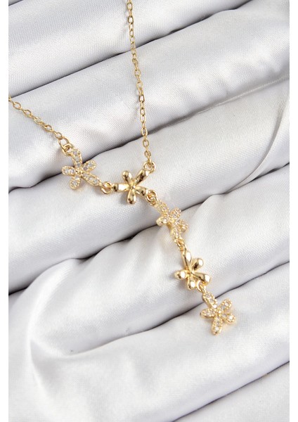 Bfs 316L Çelik Zirkon Taşlı Çiçek Model Gold Renk Kadın Kolye