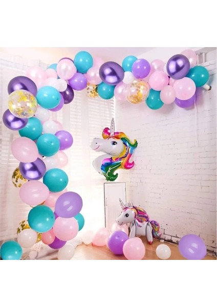 Unicorn Deniz Kızı Temalı Doğum Günü Konfetili Balon Zinciri Süsleme Seti