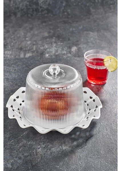 Akrilik Barok Beyaz Renk Kek Fanus & Kek Saklama Kabı & Şık Sunum Organizeri 26 cm