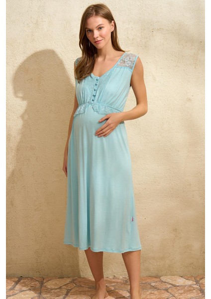 Sıfır Kol V Yaka Viskon Çiçek Desenli Yazlık Uzun Dantel Detaylı Hamile Gecelik Sabahlık - Mavi fiyatları