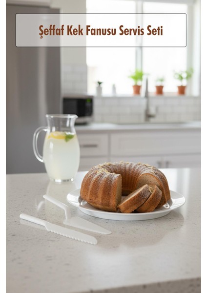 Akrilik Beyaz Kek Fanusu ve Servis Seti - 33 x 39 x 14 cm