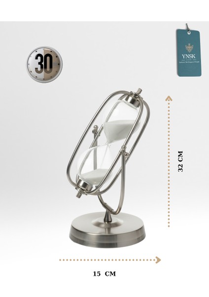 Gümüş Metal Döner Silindir Detay Kum Saati – 30 Dakikalık Modern Dekoratif Zaman Ölçer (32X15 Cm)