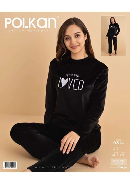 9514 Kadife Uzun Kollu Bayan Pijama Takım