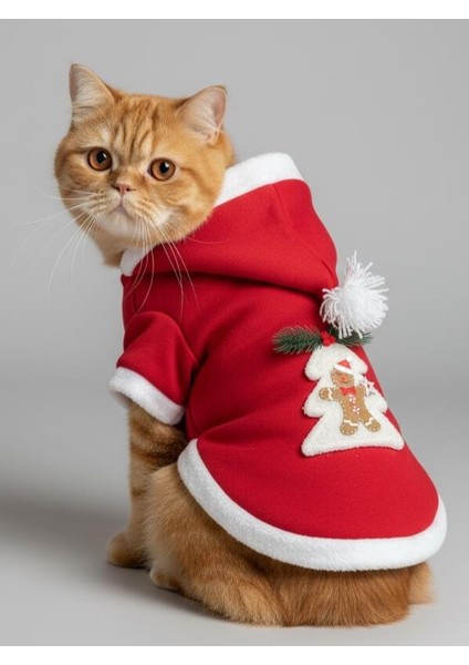 Yılbaşı Ağacı Kırmızı Polar Kedi Kıyafeti | Kapüşonlu Noel Kedi Sweatshirt | Küçük Irklar Için