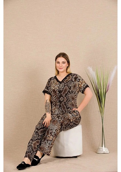 Lady Yılan Desen Düğmeli Kısa Kollu Pijama Takımı