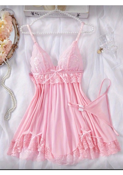 Kadın Dantel Detaylı Tül Gecelik Tanga Hediyeli