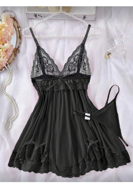 Kadın Dantel Detaylı Tül Gecelik Tanga Hediyeli