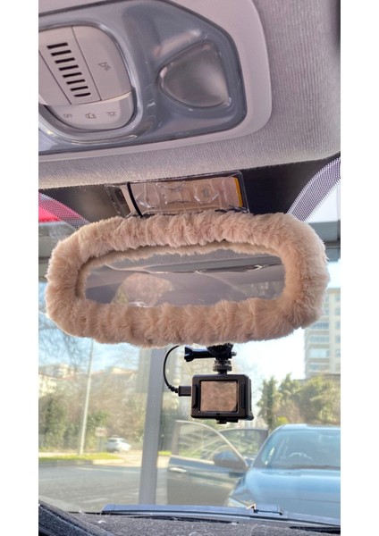 Peluş Dikiz Ayna Kılıfı Süs Bej