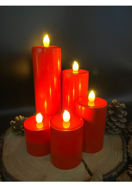 5 Adet 20-15-10-8-6 cm Kırmızı Renk Batom LED Mum Çap 6 cm