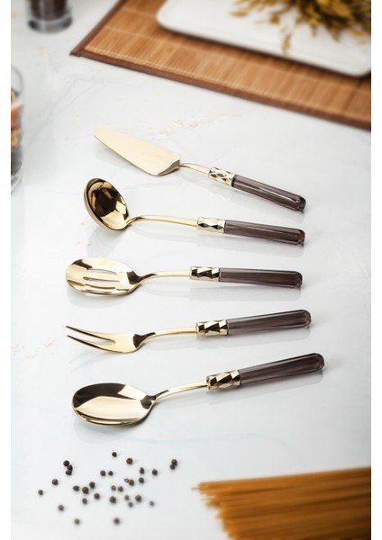 5 Parça Gold Servis Seti & Servis Sunum Seti Füme ( Kepçe / Kevgir / Sıpatula / Çatal / Kaşık ) modelleri