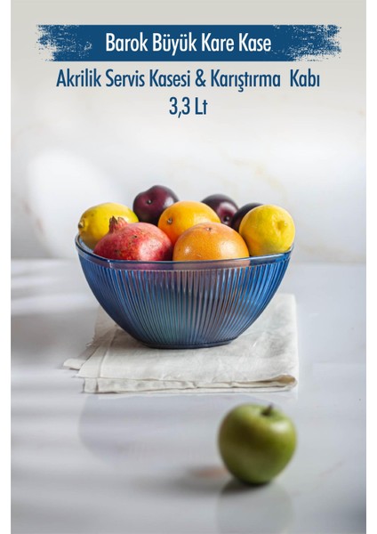 Akrilik Barok Lacivert Büyük Kare Meyve & Salata Kasesi & Karıştırma Kabı / 3,3 Lt (Cam Değildir)