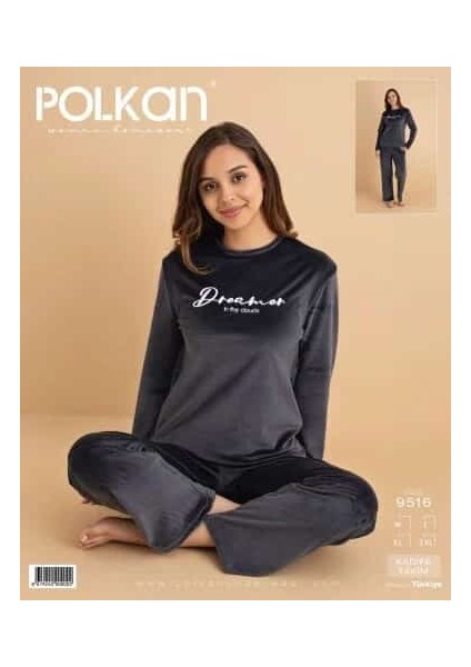 9516 Kadife Uzun Kollu Bayan Pijama Takım