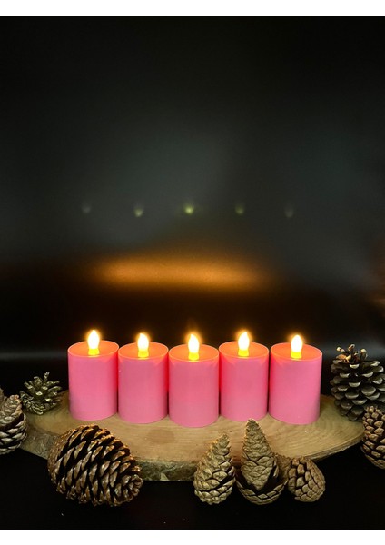 5 Adet 15 cm Pembe Renk Batom LED Mum Çap 6 cm