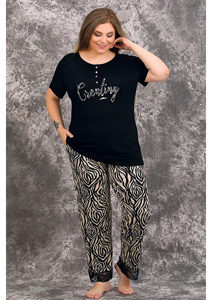 Lady Paçası Dantel Büyük Beden Bayan Pijama Takımı