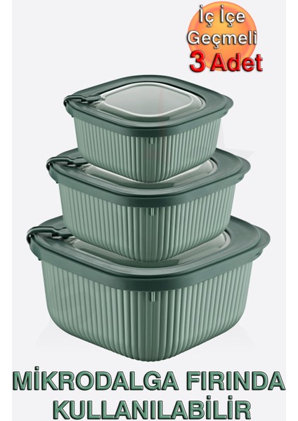 Micro Line Kare Saklama Kabı (600, 1100, 1800 Ml) (Üçlü Set)
