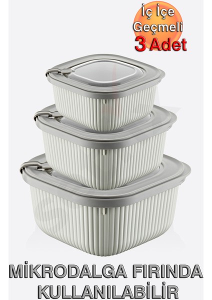 Micro Line Kare Saklama Kabı (600, 1100, 1800 Ml) (Üçlü Set)