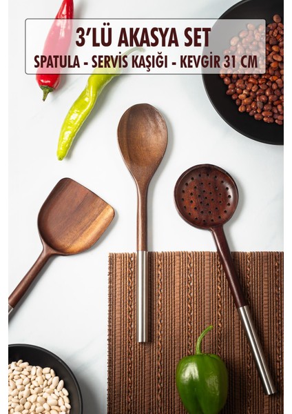 Akasya 3 Lü Servis Kaşığı & Servis Kevgiri & Servis Spatulası & Salata Servis Seti