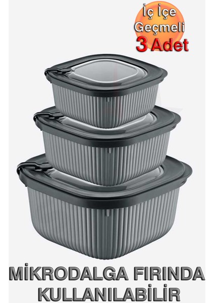 Micro Line Kare Saklama Kabı (600, 1100, 1800 Ml) (Üçlü Set)