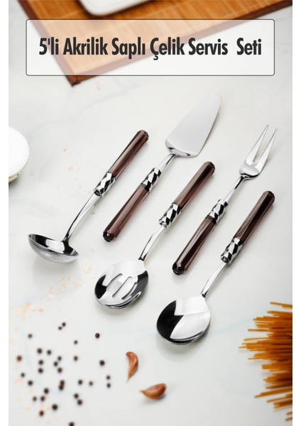 5 Parça Platin Servis Seti & Servis Sunum Seti Füme ( Kepçe / Kevgir / Sıpatula / Çatal / Kaşık )