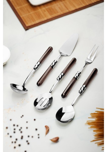 5 Parça Platin Servis Seti & Servis Sunum Seti Füme ( Kepçe / Kevgir / Sıpatula / Çatal / Kaşık ) fiyatları