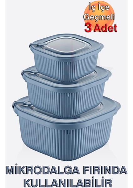 Micro Line Kare Saklama Kabı (600, 1100, 1800 Ml) (Üçlü Set)