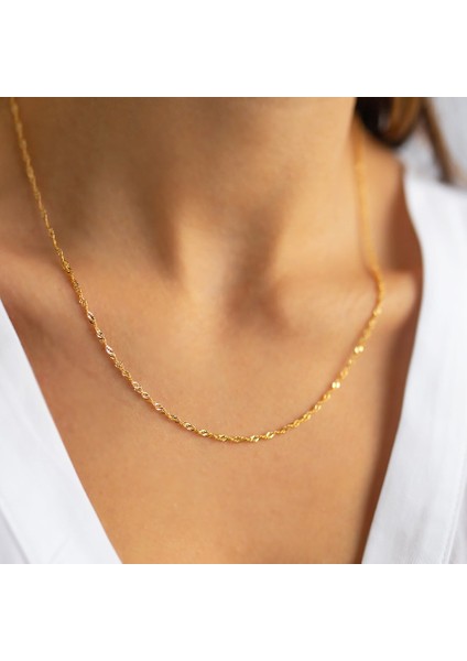 Singapur Model Zincir 14 Ayar Altın Kaplama Kıvrımlı 925 Ayar Gümüş Zincir