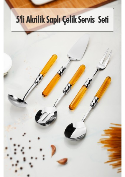 5 Parça Platin Servis Seti & Servis Sunum Seti Amber ( Kepçe / Kevgir / Sıpatula / Çatal / Kaşık )
