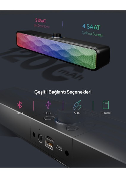 SBT31 10WATT 1200MAH Rgb Bluetooth 5.3 Soundbar Speaker | Type-C, Tf Card, Usb, Aux Hoparlör Siyah