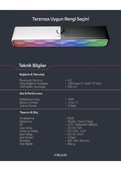 SBT31 10WATT 1200MAH Rgb Bluetooth 5.3 Soundbar Speaker | Type-C, Tf Card, Usb, Aux Hoparlör Siyah