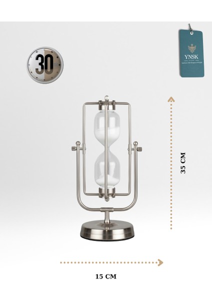 Gümüş Metal Döner Düz Çizgi Detay Kum Saati – 30 Dakikalık Modern Dekoratif Zaman Ölçer (35X15 Cm)