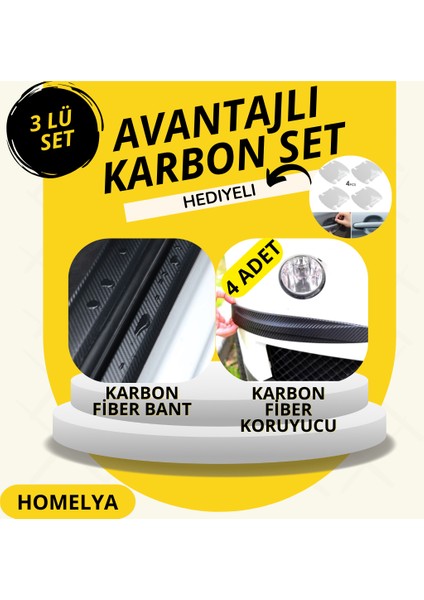 Karbon Fiber Araç Koruma Seti – 3m Bant - 4 Adet Tampon Köşe Koruyucu - Hediye Kapı Kolu Çizik Önleyici
