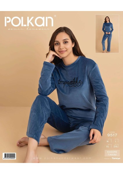 9517 Kadife Uzun Kollu Bayan Pijama Takım