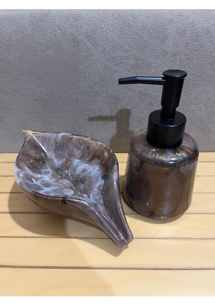 El Yapımı Kahverengi Epoksi Sabunluk Seti – Sıvı Sabunluk ve Sabun Tabağı,şık Tasarım, Ev Aksesuar