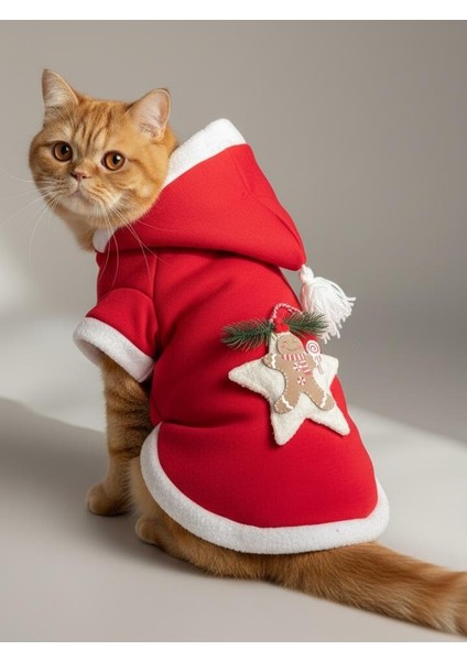 Yılbaşı Kedi Kıyafeti Yıldız Desenli Kırmızı Polar | Kapüşonlu Noel Kedi Kostümü | Kurabiye Temalı