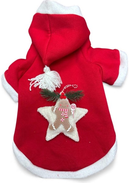 Yılbaşı Kedi Kıyafeti Yıldız Desenli Kırmızı Polar | Kapüşonlu Noel Kedi Kostümü | Kurabiye Temalı fırsatları