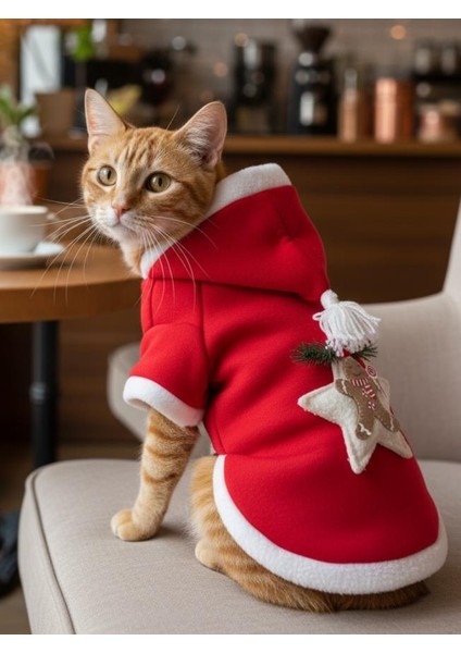 Yılbaşı Kedi Kıyafeti Yıldız Desenli Kırmızı Polar | Kapüşonlu Noel Kedi Kostümü | Kurabiye Temalı indirimleri