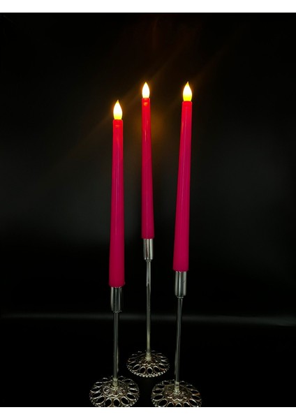 3 Adet 32 cm Fuşya Renk Şamdan LED Mum