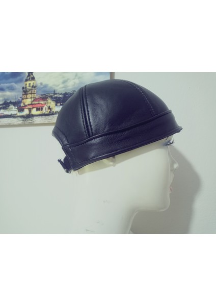 Unisex Gerçek Deri Sipersiz Docker Şapka Siyah Skullcap Sokak Stili Cap Standart