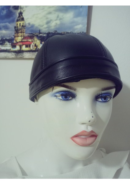 Unisex Gerçek Deri Sipersiz Docker Şapka Siyah Skullcap Sokak Stili Cap Standart fırsatları