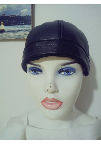 Unisex Gerçek Deri Sipersiz Docker Şapka Siyah Skullcap Sokak Stili Cap Standart