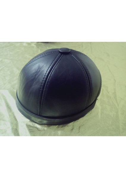 Unisex Gerçek Deri Sipersiz Docker Şapka Siyah Skullcap Sokak Stili Cap Standart